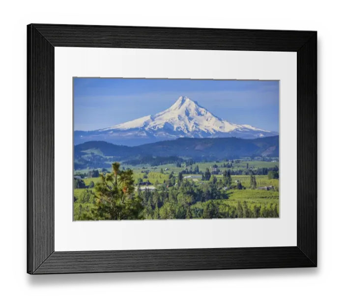 Framed Print : Hood River, Oregon. Snow capped Mount Hood dominates over the green valley, farms
