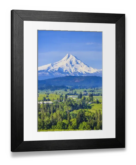 Framed Print : Hood River, Oregon. Snow covered Mount Hood, foothills, valley, farmland with orchards Framed Print : Hood River, Oregon. Snow covered Mount Hood, foothills, valley, farmland with orchards