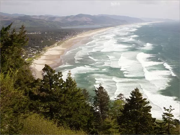 OR, Oregon Coast, Neahkahnie Beach and Manzanita and beach from viewpoint