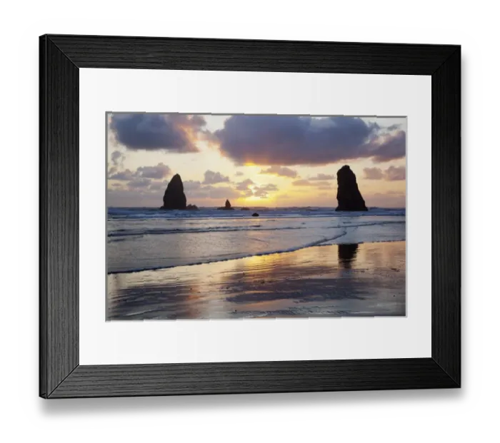 Framed Print : OR, Cannon Beach, seastacks at sunset
