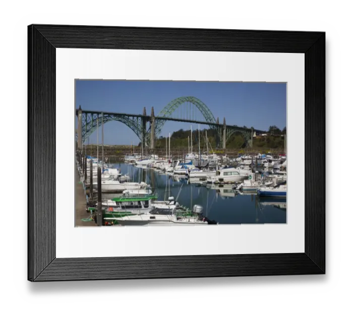 Framed Print : OR, Newport, marina with pleasure boats and Yaquina Bay Bridge in background Framed Print : OR, Newport, marina with pleasure boats and Yaquina Bay Bridge in background