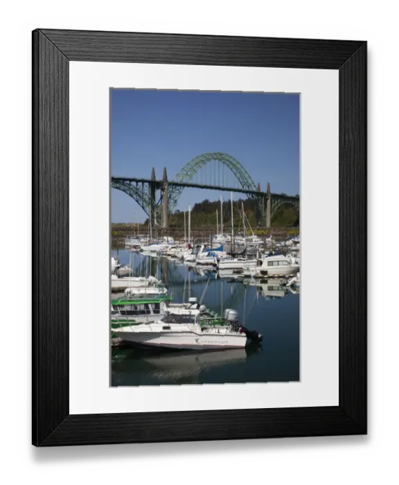 Framed Print : OR, Newport, marina with pleasure boats and Yaquina Bay Bridge in background Framed Print : OR, Newport, marina with pleasure boats and Yaquina Bay Bridge in background
