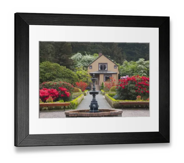 Framed Print : OR, Shore Acres State Park, Shore Acres Garden, Garden House and fountain with