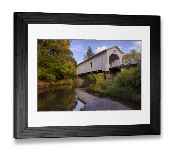 Framed Print : USA, Oregon, Scio, Hoffman Bridge across Crabtree Creek in early Autumn. Digital Composite Framed Print : USA, Oregon, Scio, Hoffman Bridge across Crabtree Creek in early Autumn. Digital Composite