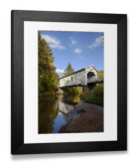 Framed Print : USA, Oregon, Scio, Hoffman Bridge across Crabtree Creek in early Autumn. Digital Composite