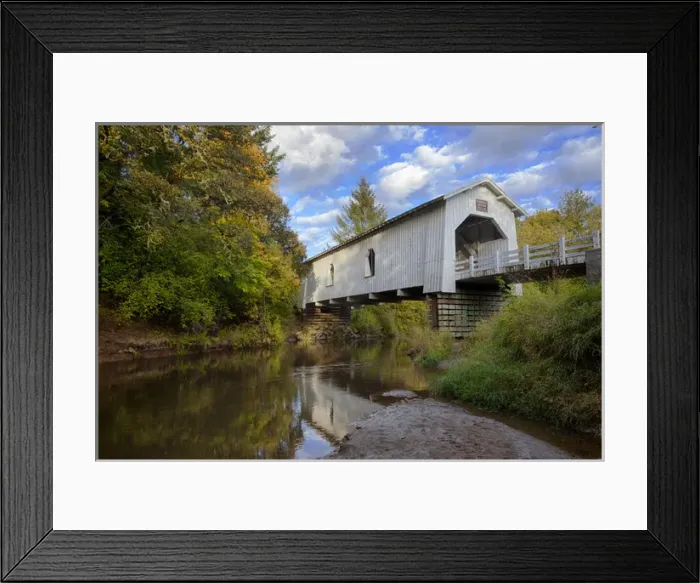 Framed Print : USA, Oregon, Scio, Hoffman Bridge across Crabtree Creek in early Autumn. Digital Composite