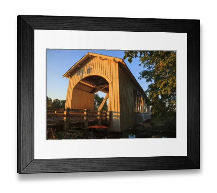Framed Print : USA, Oregon, Scio, the Gilkey Bridge, covered bridge in early Autumn, at sunset