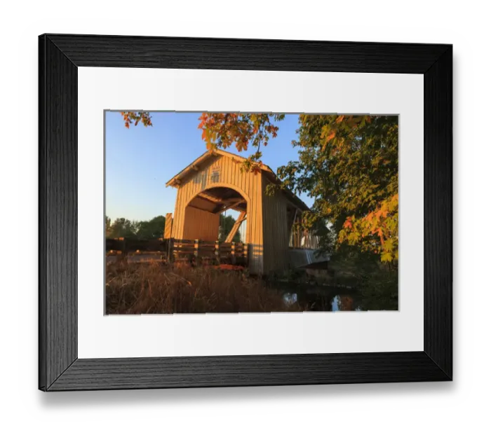 Framed Print : USA, Oregon, Scio, the Gilkey Bridge, covered bridge in early Autumn, at sunset Framed Print : USA, Oregon, Scio, the Gilkey Bridge, covered bridge in early Autumn, at sunset