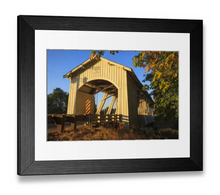 Framed Print : USA, Oregon, Scio, the Gilkey Bridge, covered bridge in early Autumn, at sunset Framed Print : USA, Oregon, Scio, the Gilkey Bridge, covered bridge in early Autumn, at sunset