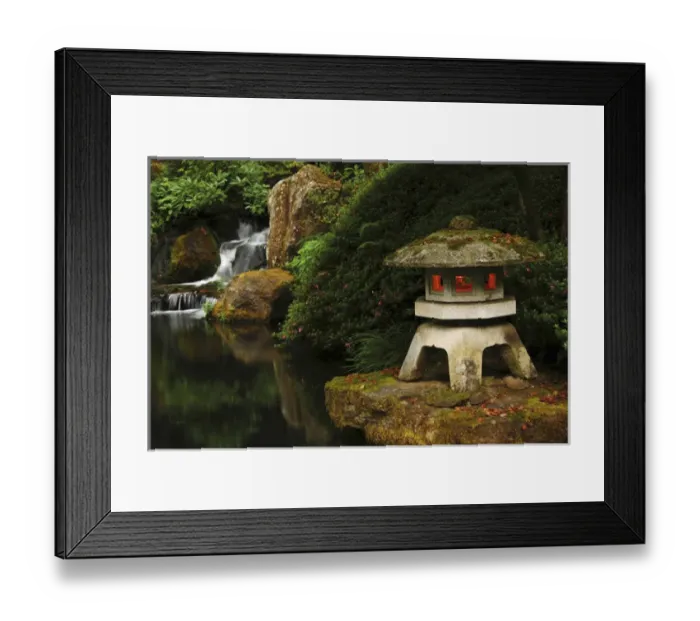 Framed Print : Lit Pagoda and Waterfall, Portland Japanese Garden, Portland, Oregon, USA