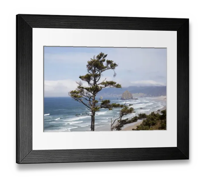 Framed Print : OR, Oregon Coast, view of Haystack Rock and Cannon Beach, from highway 101