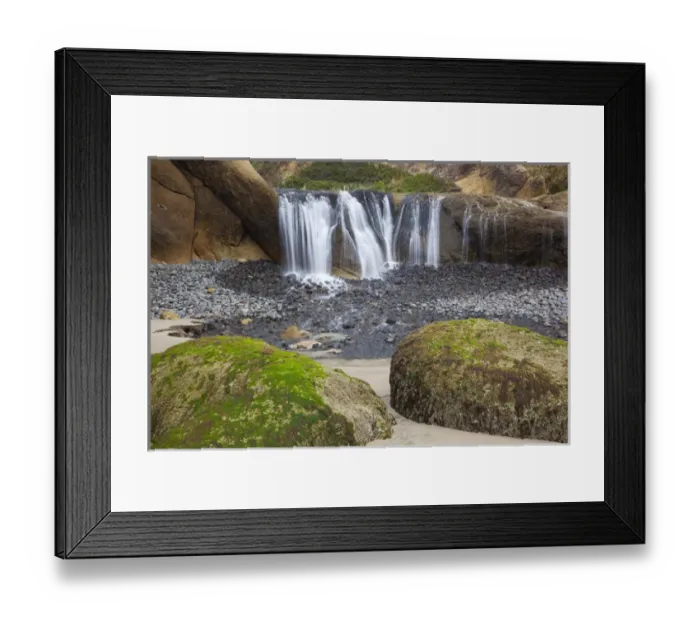 Framed Print : OR, Oregon Coast, Waterfall and rocks, at Hug Point