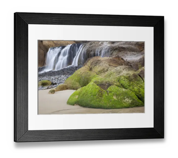 Framed Print : OR, Oregon Coast, Waterfall and rocks, at Hug Point