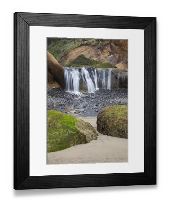 Framed Print : OR, Oregon Coast, Waterfall and rocks, at Hug Point