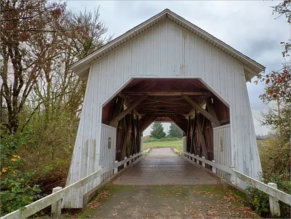 USA, Oregon, Corvallis, Irish Bend Bridge. Digital Composite, HDR