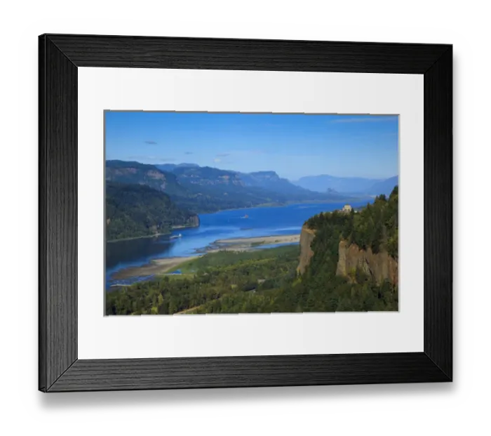 Framed Print : USA, Oregon, Columbia Gorge, Chanticleer Point, a barge passing Vista House, navigating