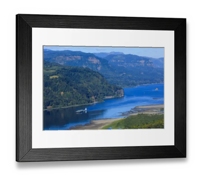 Framed Print : USA, Oregon, Columbia Gorge, Chanticleer Point, a barge traveling downriver, navigating Framed Print : USA, Oregon, Columbia Gorge, Chanticleer Point, a barge traveling downriver, navigating