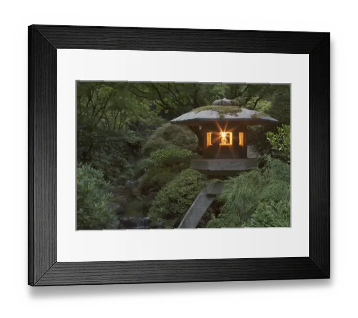 Framed Print : Illuminated lantern in Portland Japanese Garden, Oregon