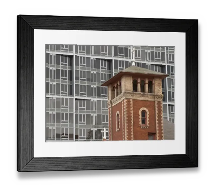 Framed Print : Church steeple and apartment building, Portland, Oregon Framed Print : Church steeple and apartment building, Portland, Oregon