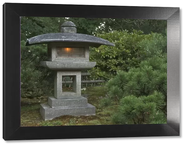 Illuminated stone lantern in Portland Japanese Garden