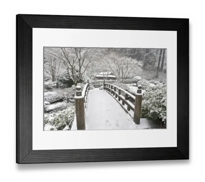 Framed Print : Snow-covered moon bridge, Portland Japanese Garden, Oregon Framed Print : Snow-covered moon bridge, Portland Japanese Garden, Oregon
