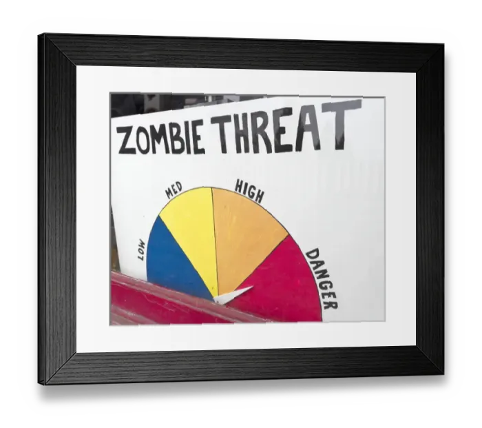 Framed Print : Zombie Threat sign in toy store window, Portland, Oregon Framed Print : Zombie Threat sign in toy store window, Portland, Oregon