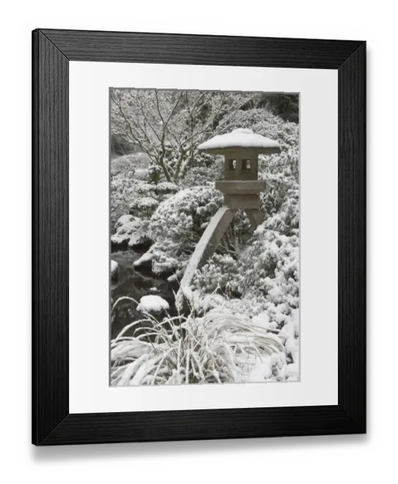 Framed Print : Snow-covered stone lantern, Portland Japanese Garden, Oregon
