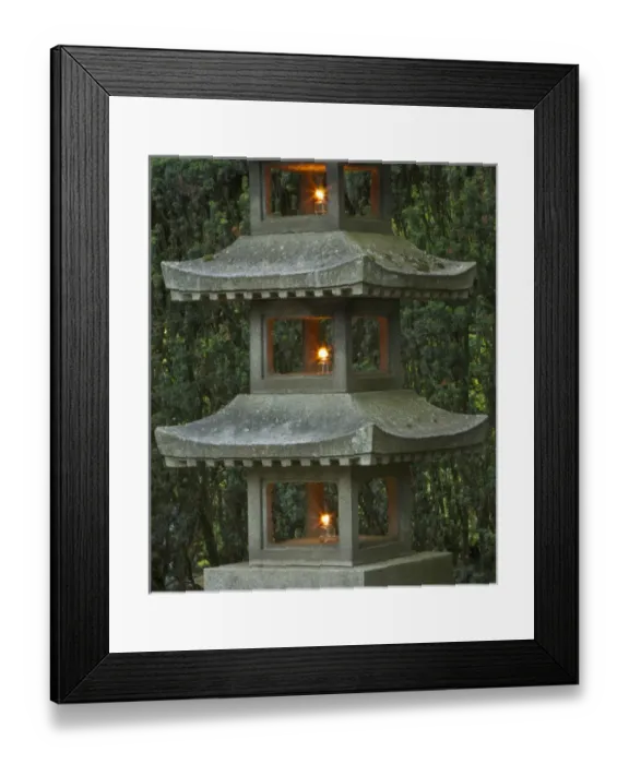 Framed Print : Illuminated stone pagoda lantern in Portland Japanese Garden