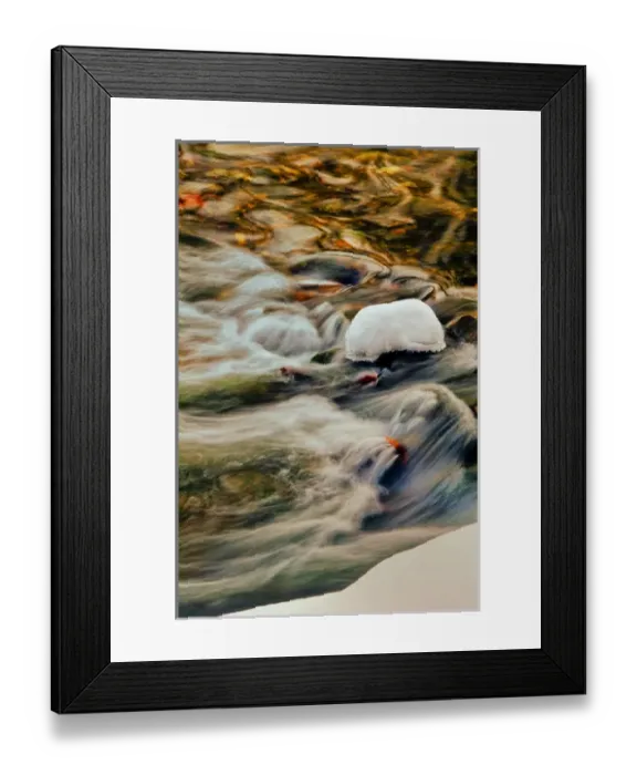 Framed Print : USA, Pennsylvania, Dingmans Ferry, Childs Park Dingmans Creek. Snow on rock in flowing stream