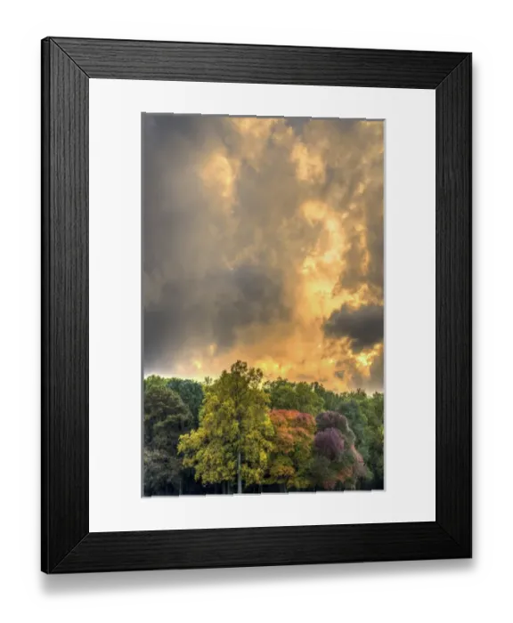 Framed Print : USA, Pennsylvania, Valley Forge National Park. Stormy clouds over forest at sunrise