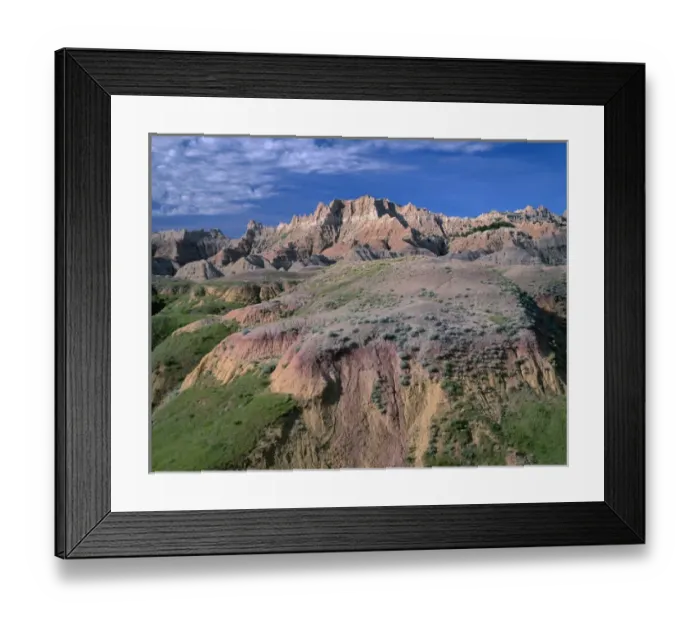 Framed Print : USA, South Dakota, Badlands National Park, North Unit, Pinnacles rise above grass Framed Print : USA, South Dakota, Badlands National Park, North Unit, Pinnacles rise above grass
