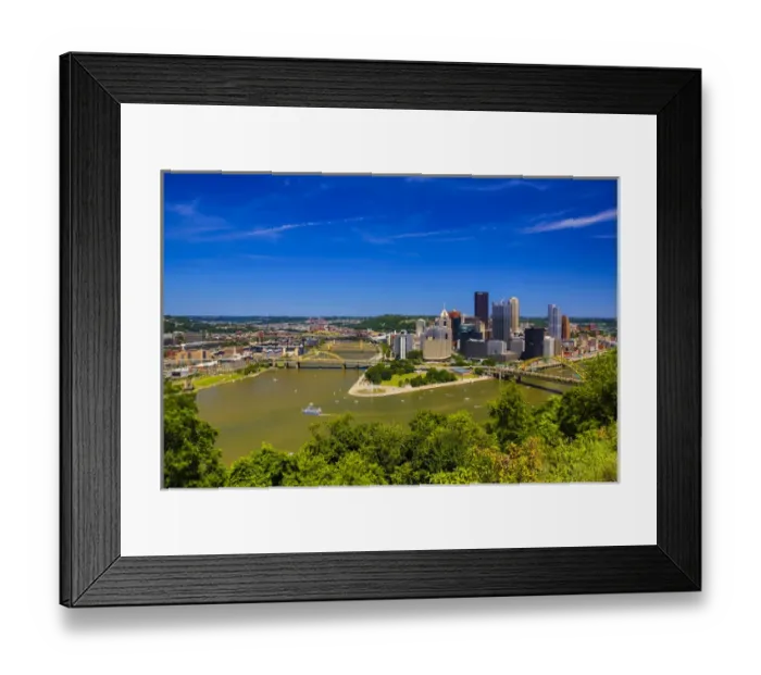 Framed Print : Pittsburgh, Pennsylvania. Aerial view of the city with rivers, bridges, and boats