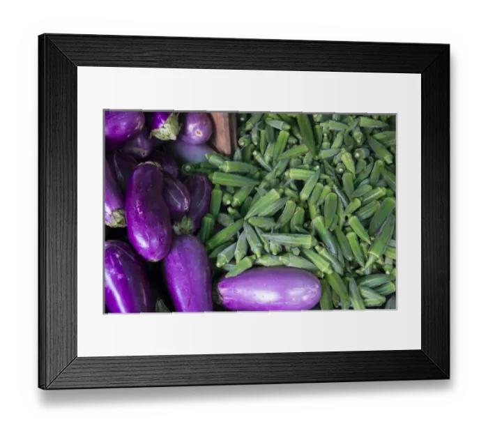 Framed Print : Okra and Eggplant for sale at a farmers market, Charleston, South Carolina. USA