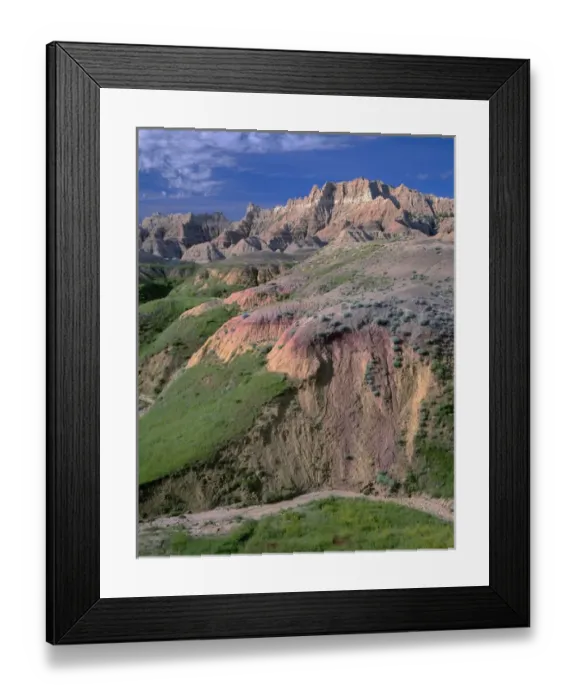 Framed Print : USA, South Dakota, Badlands National Park, North Unit, Pinnacles rise above grass