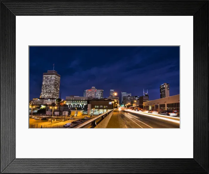 Framed Print : Nashville Tennessee city skyline at twilight from the west side with traffic