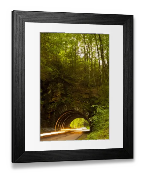 Framed Print : USA, Tennessee, Great Smoky Mountains National Park. Vehicle headlights passing through tunnel