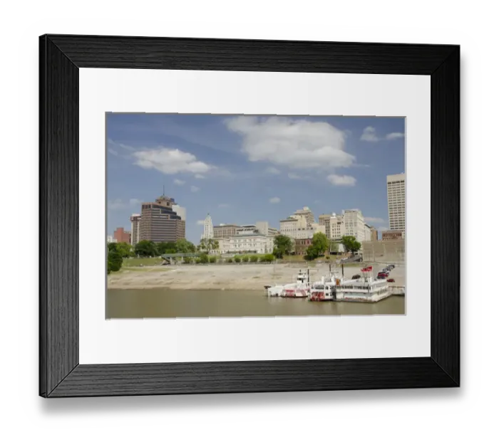 Framed Print : Tennessee, Memphis. Memphis city skyline and riverboat port area from Mud Island Framed Print : Tennessee, Memphis. Memphis city skyline and riverboat port area from Mud Island