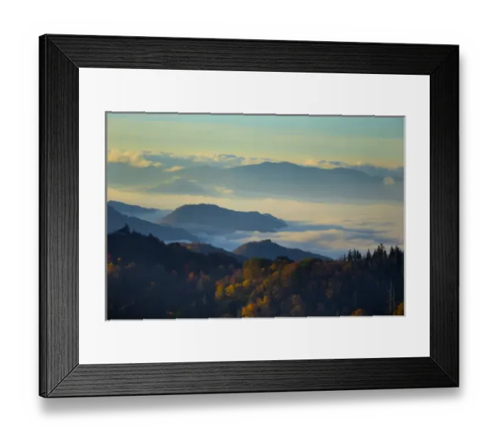 Framed Print : Mist in the valleys at sunrise at Clingmans Dome, Great Smoky Mountains National Park