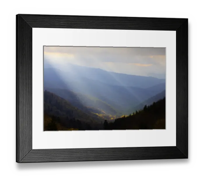 Framed Print : North America, USA, North Carolina; Rays of light over mountain valley in the Smokies
