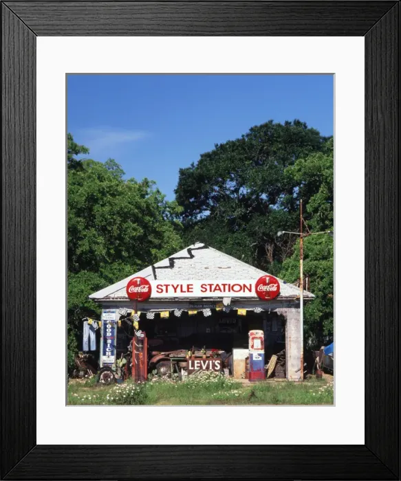 Framed Print : USA, Texas, Waco, Old gas station at roadside