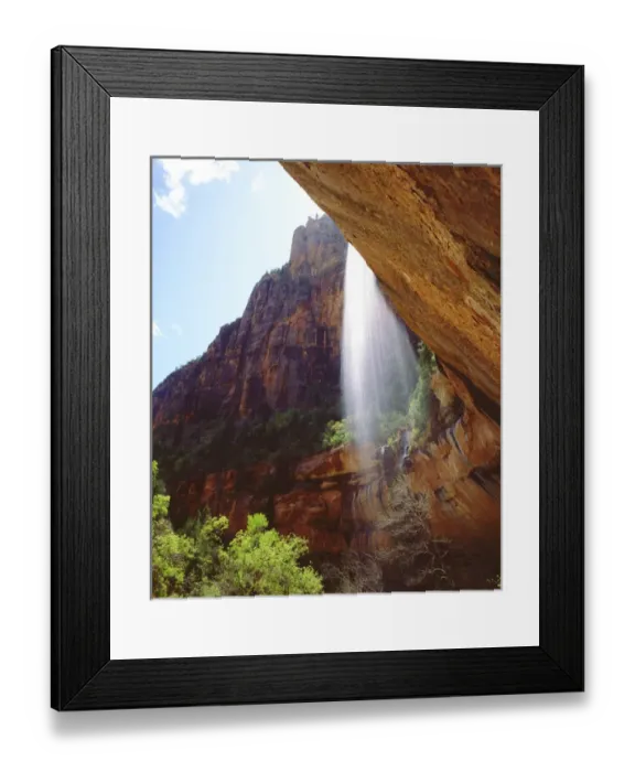 Framed Print : USA, Utah, Zion National Park. A waterfall drops from a sandstone cliff