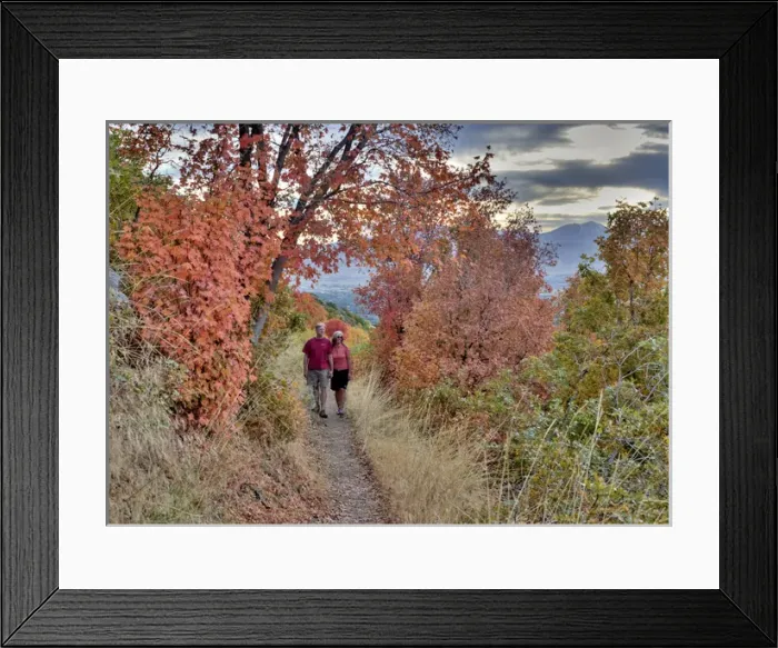 Framed Print : Couple on trail among fall foliage, above Bonneville Shoreline in Sandy, Uinta Wasatch Framed Print : Couple on trail among fall foliage, above Bonneville Shoreline in Sandy, Uinta Wasatch