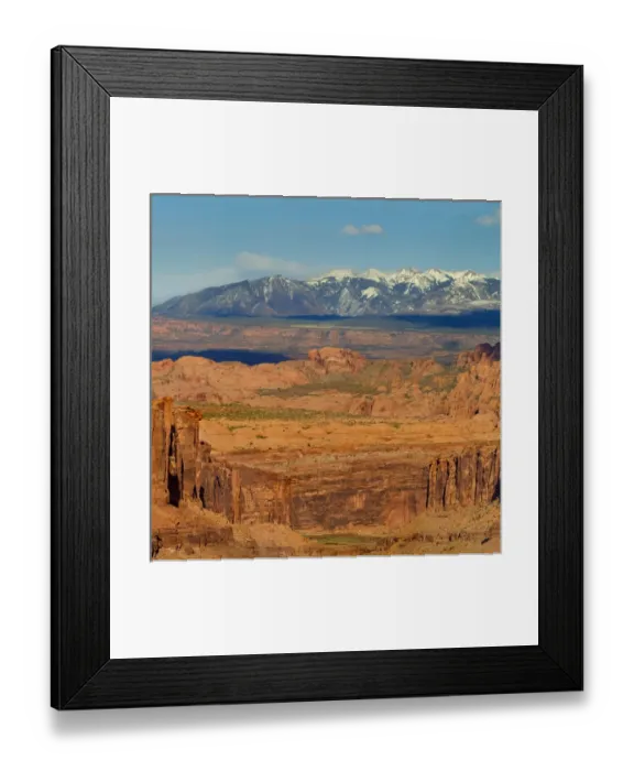 Framed Print : Photo taken from Long Canyon with badlands and snow capped La Sal Mountains in distance Framed Print : Photo taken from Long Canyon with badlands and snow capped La Sal Mountains in distance