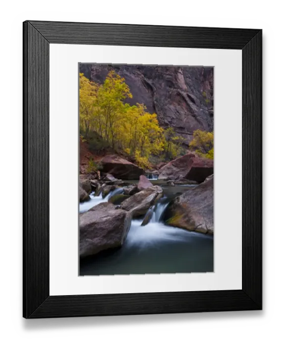 Framed Print : USA, Utah, Zion National Park. Waterfall with cottonwood trees along Riverside Walk Framed Print : USA, Utah, Zion National Park. Waterfall with cottonwood trees along Riverside Walk