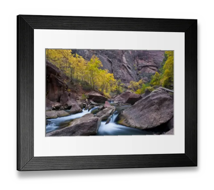 Framed Print : USA, Utah, Zion National Park. Waterfall with cottonwood trees along Riverside Walk in The Narrows