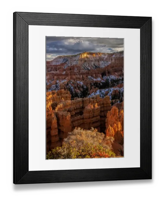 Framed Print : USA, Utah, Bryce Canyon National Park. Fall snow on rock formations