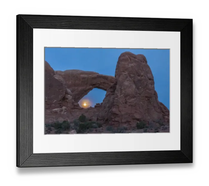 Framed Print : USA, Utah, Arches National Park. South Window arch and full moon rising. Credit as Framed Print : USA, Utah, Arches National Park. South Window arch and full moon rising. Credit as