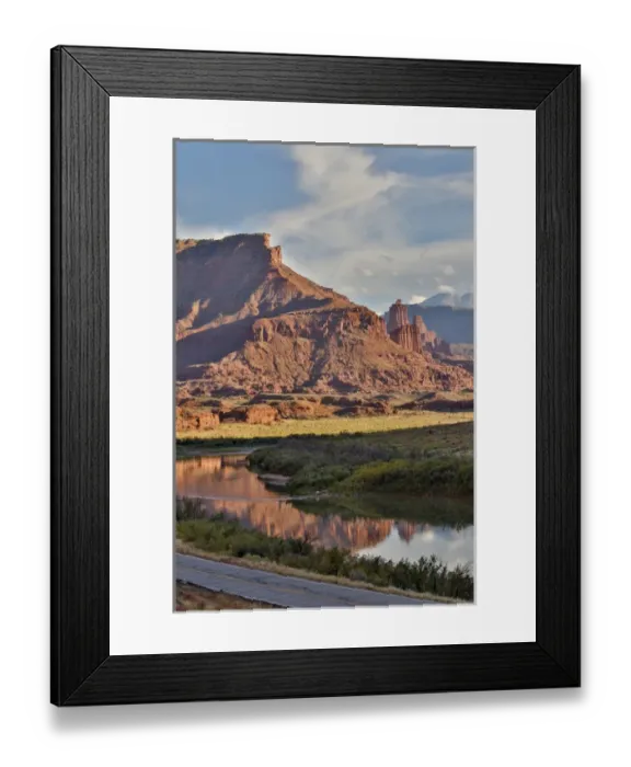 Framed Print : Fisher Towers reflected in Colorado River with Highway below, Utah in evening light Framed Print : Fisher Towers reflected in Colorado River with Highway below, Utah in evening light
