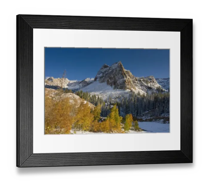 Framed Print : LaKe Blanche Trail and Sundial Peak, early fall snow, Aspen trees, Twin Peaks Wilderness