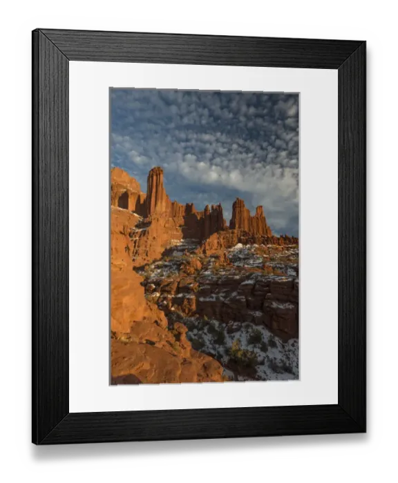 Framed Print : North America, USA, Utah. Fisher Towers with snow and clouds, near Castle Valley, Utah